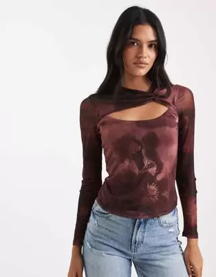 New Look mesh floral cut out long sleeve top in red