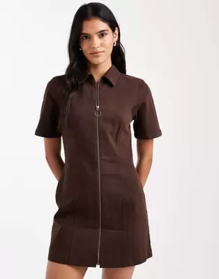 ASOS DESIGN denim short sleeve mini dress with zip through in chocolate