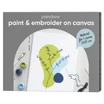 Mal og broder på lerret – sett med lerret, maling, pensler, nål og tråd