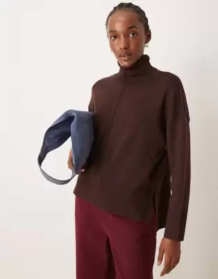 Vila high neck oversized jumper with seam detail in chocolate brown