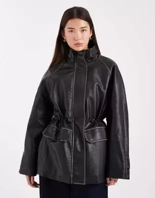 ASOS DESIGN funnel neck washed leather look jacket in black