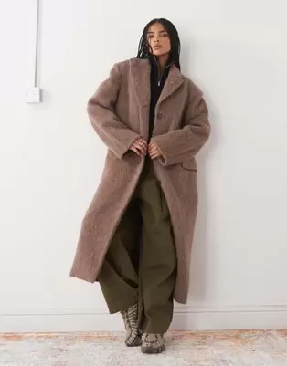 Weekday hairy alpaca & wool blend oversized coat with exaggerated shoulders in brown