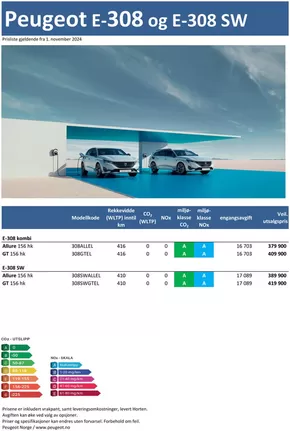 Peugeot-katalog i Horten | Last ned prisliste for nye Peugeot E-308 | 2024-09-28T00:00:00.000Z - 2025-09-28T00:00:00.000Z