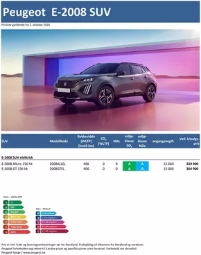 Peugeot-katalog i Sandefjord | Last ned prisliste for Peugeot e-2008 SUV | 2024-10-16T00:00:00.000Z - 2025-10-16T00:00:00.000Z