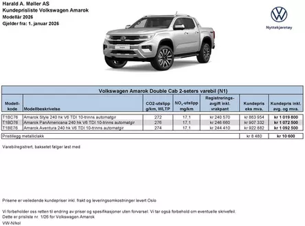 Volkswagen-katalog i Trondheim | Prisliste Amarok Double Cab 2-seters varebil | 2026-01-20T00:00:00.000Z - 2026-06-30T00:00:00.000Z