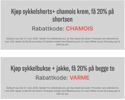 Bikeshop-katalog i Beitostølen | Aktive rabattkoder | 2026-02-03T00:00:00.000Z - 2026-03-31T00:00:00.000Z