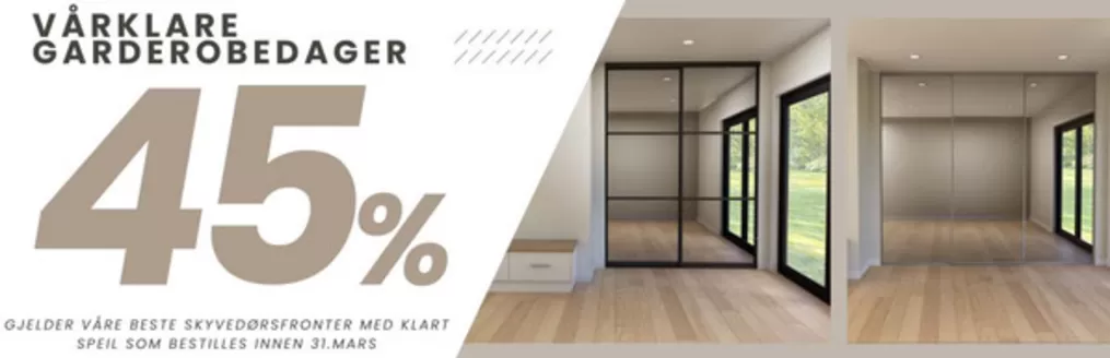 Garderobemannen-katalog i Vinje | Opptil 45% rabatt på skyvedørsfronter med Klart Speil | 2026-02-12T00:00:00.000Z - 2026-03-31T00:00:00.000Z