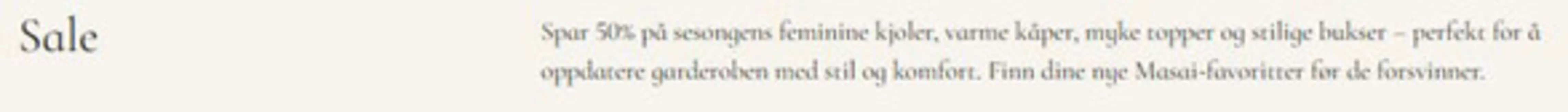 Masai-katalog i Rasta | Spar 50% på sesongens feminine kjoler, varme kåper, myke topper og stilige bukser | 2026-02-13T00:00:00.000Z - 2026-02-22T00:00:00.000Z
