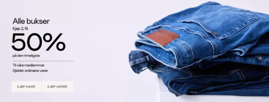 Match-katalog i Bryne | Alle bukser Kjøp 2, få 50% på den rimeligste Til våre medlemmer. Gjelder ordinære varer. | 2026-02-18T00:00:00.000Z - 2026-02-28T00:00:00.000Z