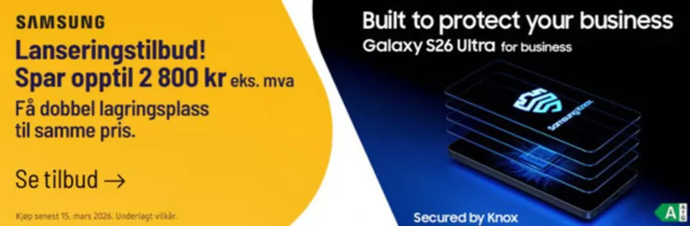 Komplett Bedrift-katalog i Tiller | SAMSUNG Lanseringstilbud! Spar opptil 2 800 kr eks. mva Få dobbel lagringsplass til samme pris. | 2026-02-27T00:00:00.000Z - 2026-03-15T00:00:00.000Z