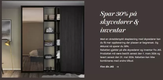 JKE Design-katalog | Spar 30% på skyvedører & inventar | 2026-02-27T00:00:00.000Z - 2026-03-01T00:00:00.000Z