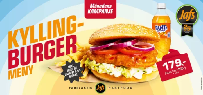 JaFs-katalog i Sarpsborg | KYLLING BURGER Serveres med pommes frites og valgfri drikke til 179,-/195,- | 2026-03-13T00:00:00.000Z - 2026-03-31T00:00:00.000Z