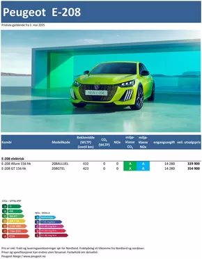 Peugeot-katalog | Last ned prisliste for Peugeot E-208 | 2025-05-31T00:00:00.000Z - 2026-05-31T00:00:00.000Z