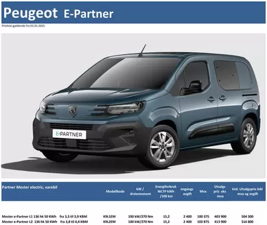 Peugeot-katalog | Last ned prisliste for Peugeot E-Partner | 2025-07-06T00:00:00.000Z - 2026-07-06T00:00:00.000Z