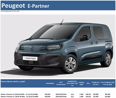 Peugeot-katalog | Last ned prisliste for Peugeot E-Partner | 2025-08-09T00:00:00.000Z - 2026-08-09T00:00:00.000Z