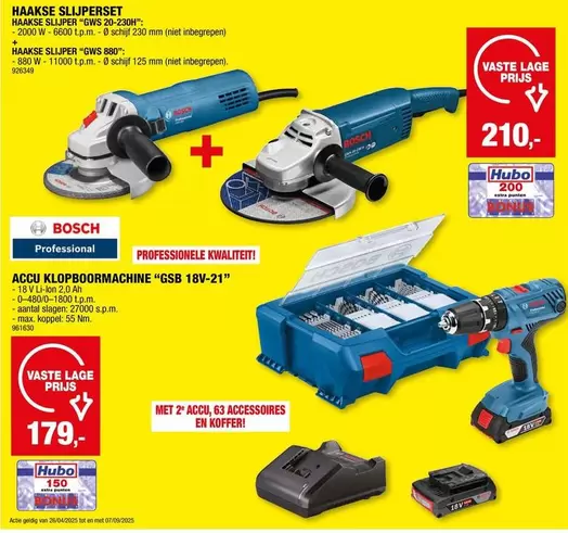 Bosch - HAAKSE SLIJPERSET, HAAKSE SLUPER GWS 20-230", HAAKSE SLIJPER "GWS 880", ACCU KLOPBOORMACHINE "GSB 18V-21"