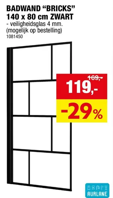 BADWAND "BRICKS" 140 x 80 cm ZWART