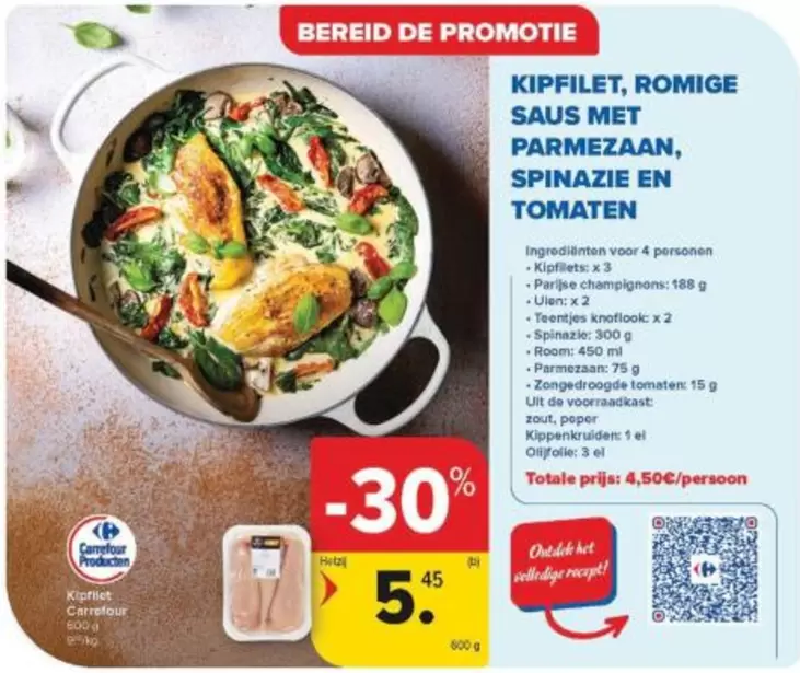 De - KIPFILET, ROMIGE SAUS MET PARMEZAAN, SPINAZIE EN TOMATEN