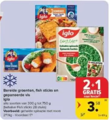 Bereide groenten, fish sticks en gepaneerde vis