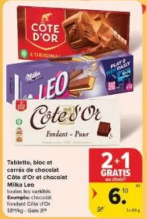 Leo - Tablette, bloc et carrés de chocolat Côte d'Or et chocolat Milka