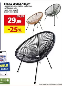 CHAISE LOUNGE "IBIZA" - dossier en osier matière synthétique - châssis en acier - noir, brun ou vert. 1078474-475/1122470