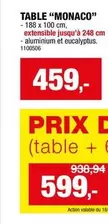 TABLE "MONACO" - 188 x 100 cm, extensible jusqu'à 248 cm - aluminium et eucalyptus. 1100506