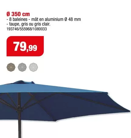 Ø 350 cm - 8 baleines - mât en aluminium Ø 48 mm - taupe, gris ou gris clair. 193746/555968/1080033