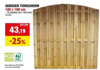 GEBOGEN TUINSCHERM 180 x 180 cm - 19 planken (9 x 100 mm). 357395