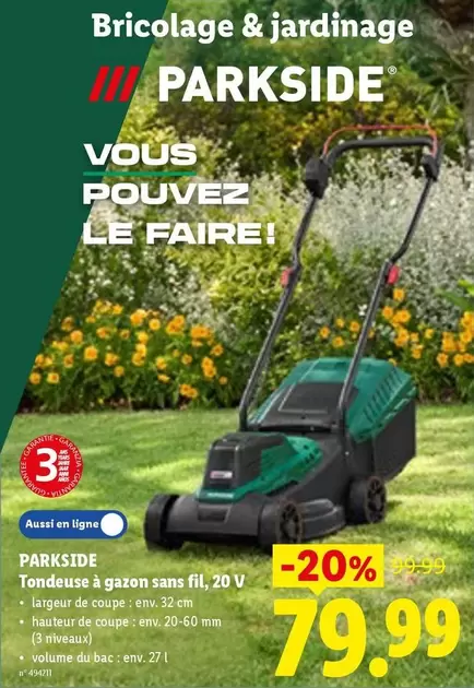 De - Tondeuse à gazon sans fil, 20 V
