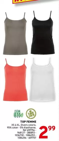 TOP FEMME XS à XL. Divers coloris. 95% coton - 5% élasthanne. Ref 659754-968127-380893-1036730-1084253-1084254-659757