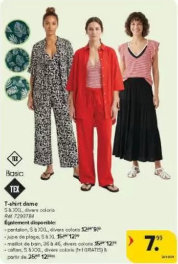 De - T-shirt dame, pantalon, jupe de plage, maillot de bain, caftan