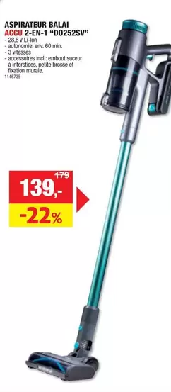 ASPIRATEUR BALAI ADCU 2-EN-1 "D02525SV"