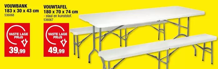 VOUWBANK 183 x 30 x 43 cm, VOUWTAFEL 180 x 70 x 74 cm