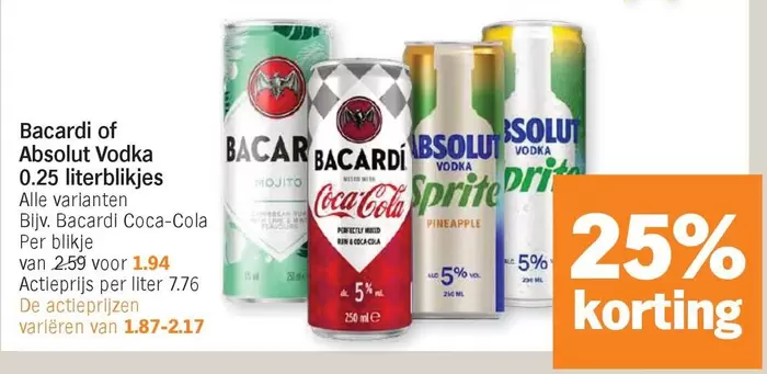 De - Bacardi or Absolut Vodka 0.25 liter cans