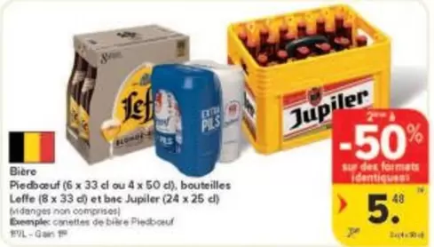 Extra - Bière Piedboeuf (6 x 33 cl ou 4 x 50 cl), bouteilles Leffe (8 x 33 cl) et bac Jupiler (24 x 25 cl)