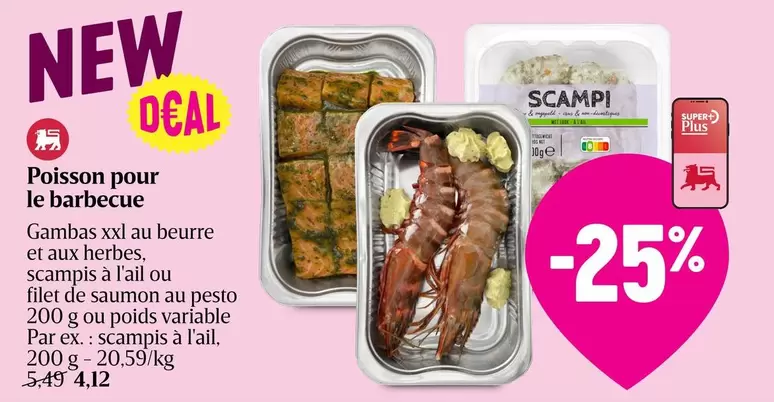 De - Poissons pour le barbecue Gambas xxl au beurre et aux herbes, scampis à l'ail ou filet de saumon au pesto