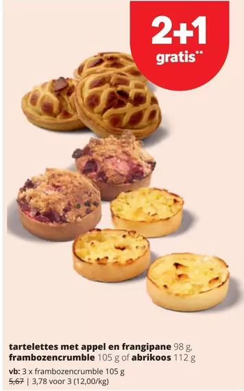 tartelettes met appel en frangipane, frambozencrumble of abrikoos