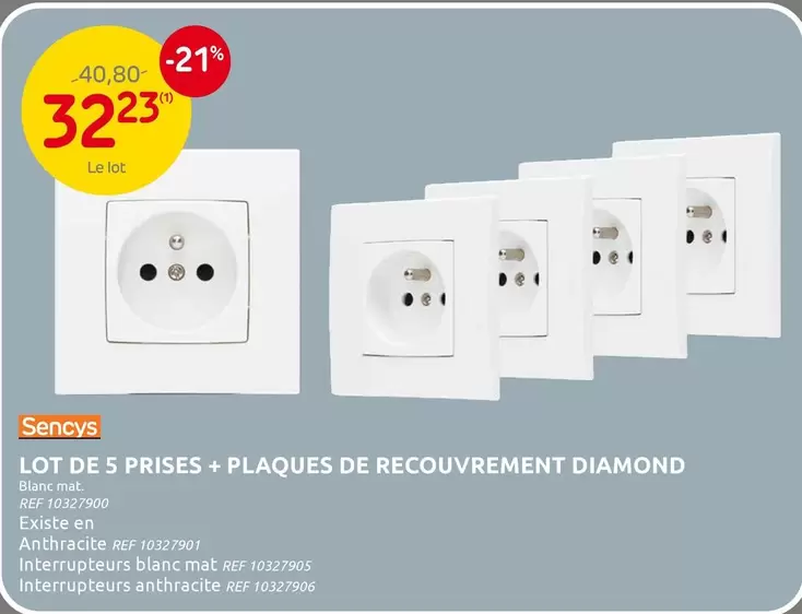 De - LOT DE 5 PRISES + PLAQUES DE RECOUVREMENT DIAMOND
