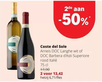 Doc - Coste del Sole Arneis DOC Langhe wit of DOC Barbera d'Asti Superiore rood Italië