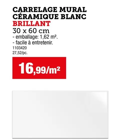 CARRELAGE MURAL CÉRAMIQUE BLANC BRILLANT 30 x 60 cm
