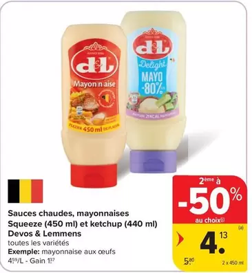 Sauces chaudes, mayonnaises Squeeze (450 ml) et ketchup (440 ml)