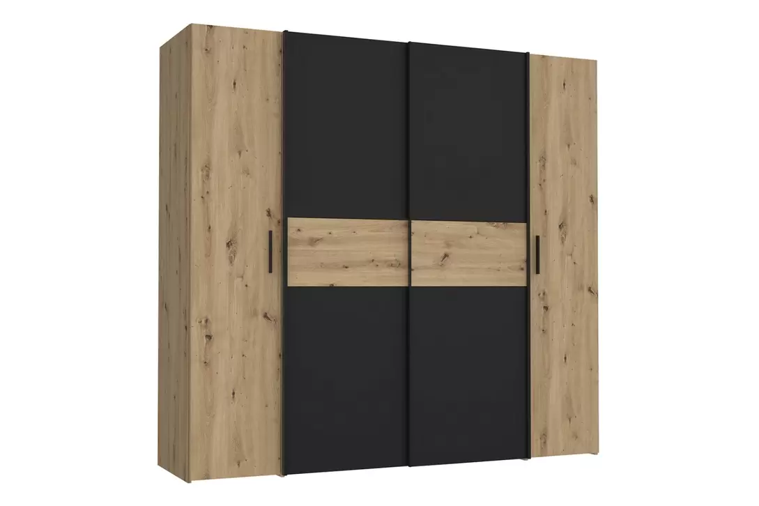 Garde-robe Kapaza 200cm - panneau décor - chêne artisan/noir