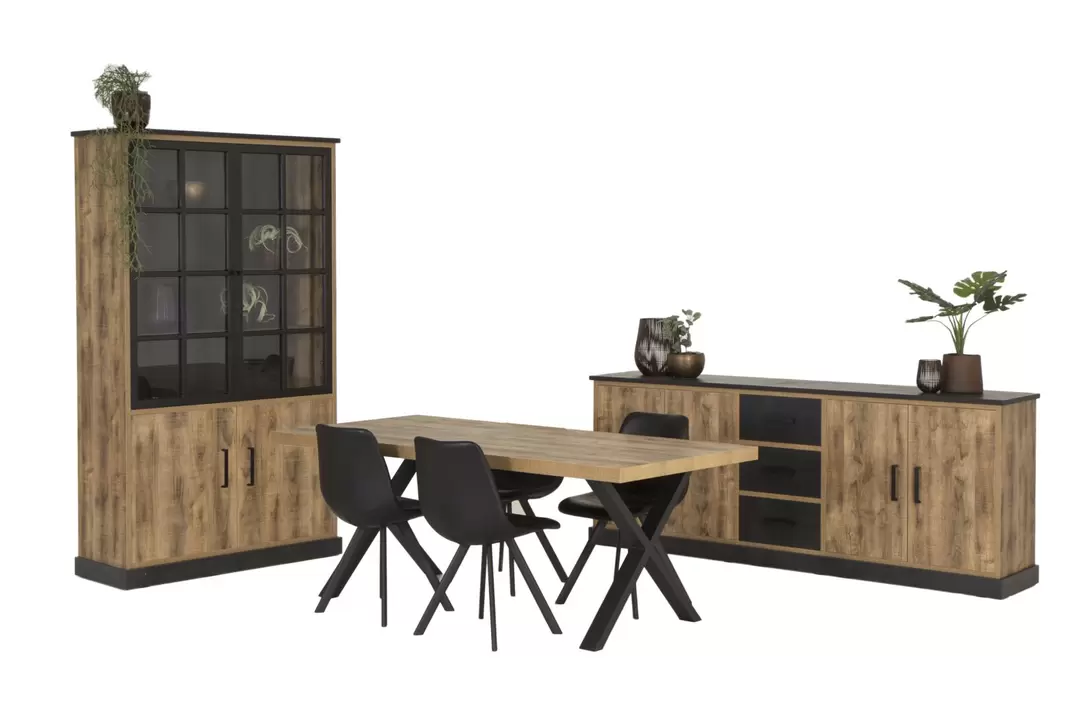 Salle à manger avec 4 chaises Frantz - table 200x100cm - buffet 226cm  - vitrine 120cm