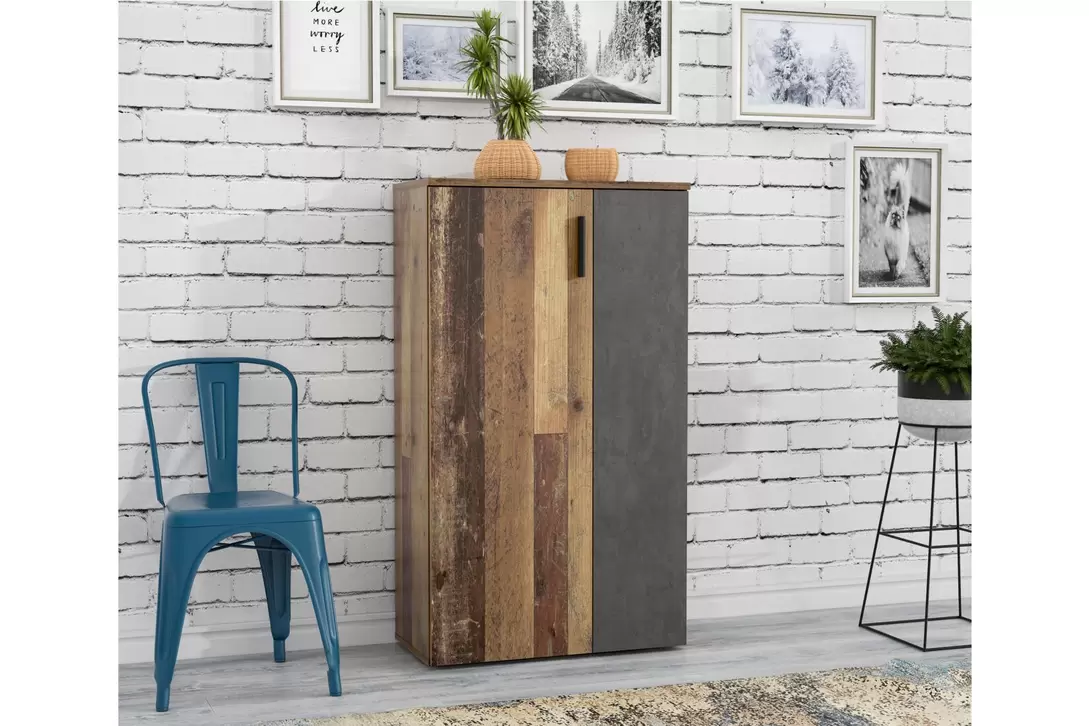 Armoire à chaussures Boots 69x34x120cm - panneau décor - old wood/gris foncé