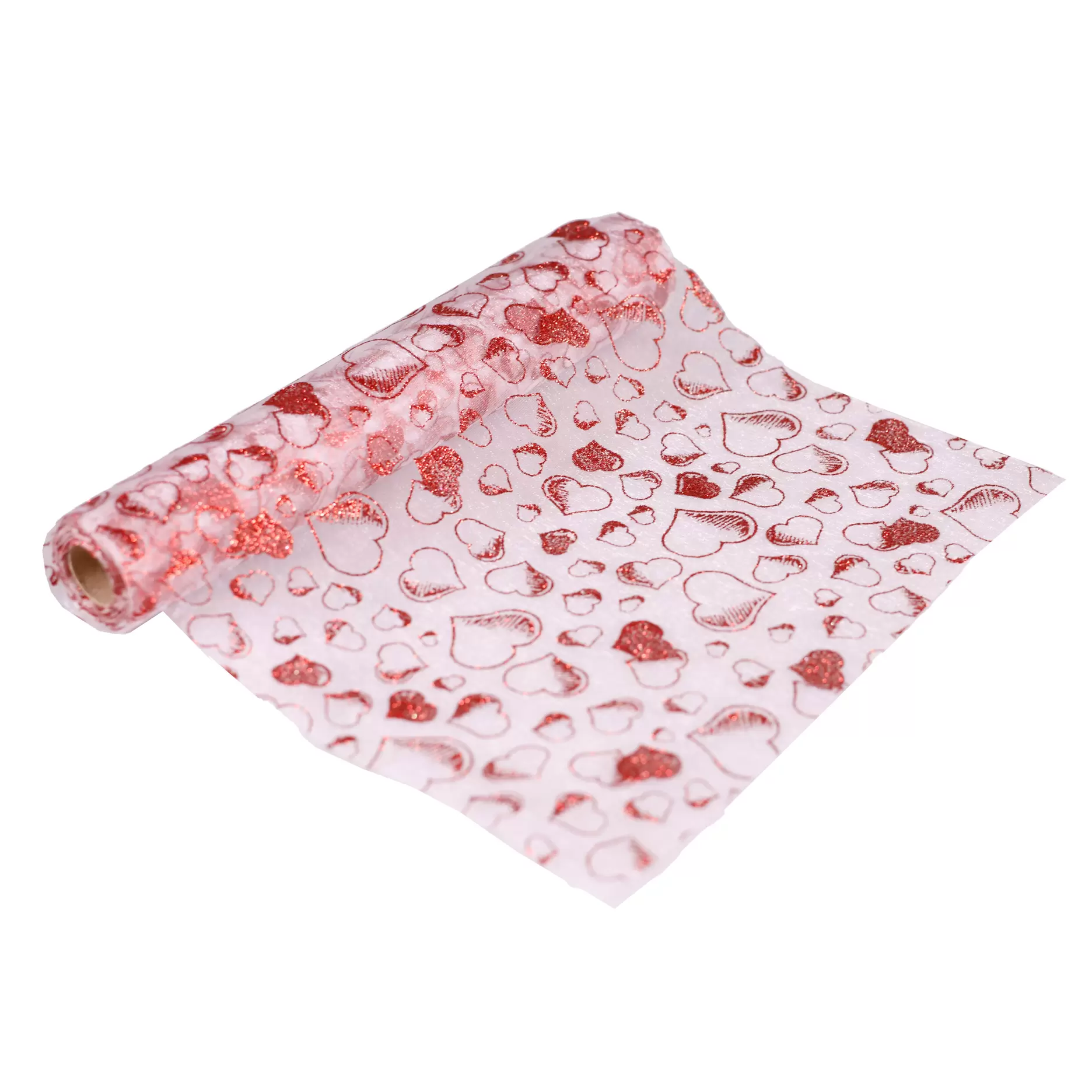 Chemin De Table Avec Coeurs 28cm x 5m Organza Blanc Paillettes Rouges