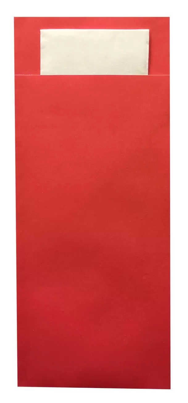 Pochettes Couvert Rouge + Serviette Blanche 100 Pièces