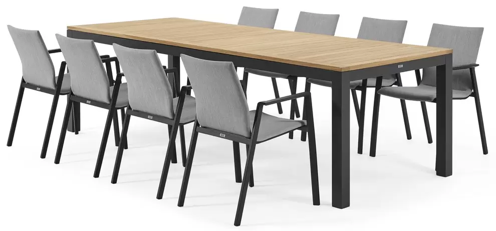 Trente tuinset in zwart aluminium en teak naturel tafelblad met 8 stapelbare Madura tuinstoelen