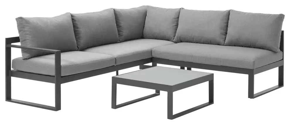 Caldela loungehoek in zwart aluminium met grijs polyester kussens en loungetafel