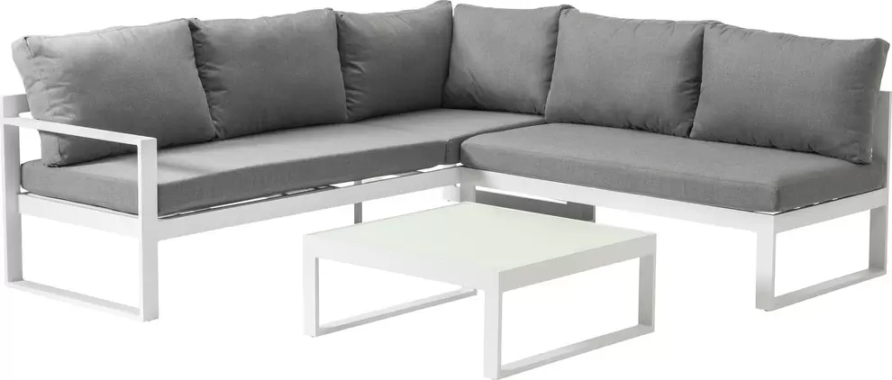 Caldela loungehoek in wit aluminium met grijs polyester kussens en loungetafel