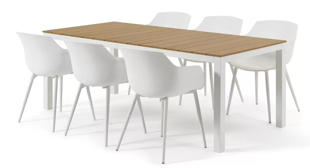 Toma tuinset in wit aluminium en polywood tafelblad met 6 Paco tuinstoelen